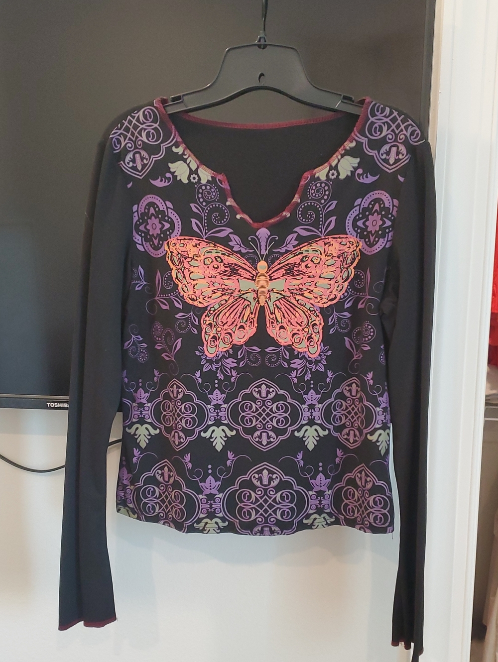 Women's Black Long-Sleeve Tee with Pink Butterfly Graphic